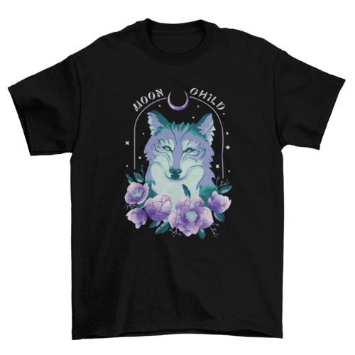 Amazing Night wolf tee with flowers and "Moon child" quote T-shirt