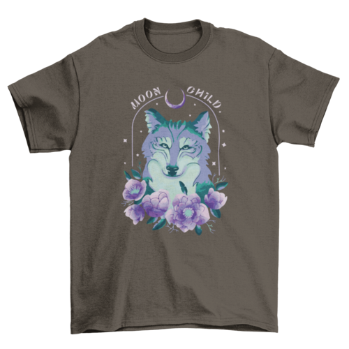 Amazing Night wolf tee with flowers and "Moon child" quote T-shirt