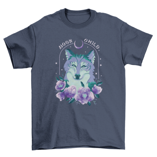 Amazing Night wolf tee with flowers and "Moon child" quote T-shirt