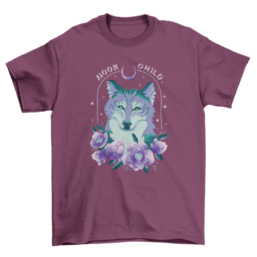 Amazing Night wolf tee with flowers and "Moon child" quote T-shirt