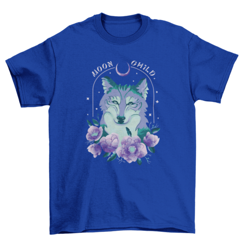 Amazing Night wolf tee with flowers and "Moon child" quote T-shirt